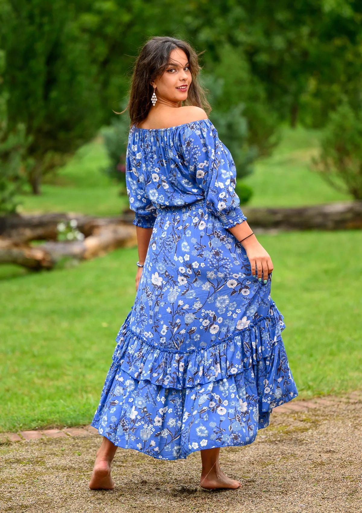 Flaminga Mix White Flowers Blue Dress