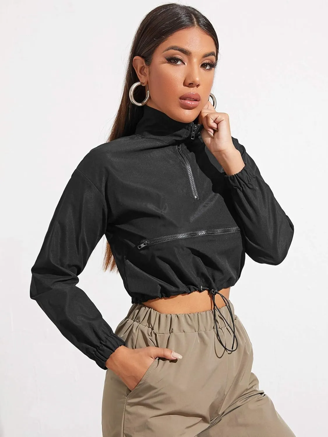 Floerns Women's Half Zip Long Sleeve Drawstring Hem Cropped Jacket Windbreaker