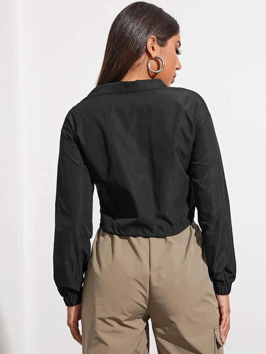 Floerns Women's Half Zip Long Sleeve Drawstring Hem Cropped Jacket Windbreaker