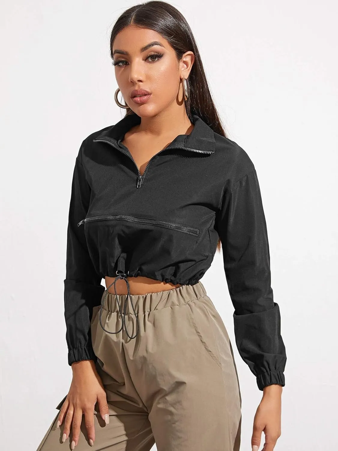Floerns Women's Half Zip Long Sleeve Drawstring Hem Cropped Jacket Windbreaker