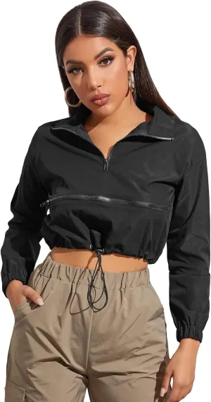 Floerns Women's Half Zip Long Sleeve Drawstring Hem Cropped Jacket Windbreaker