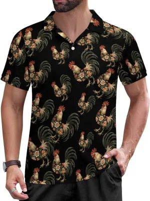 Floral Rooster Mens Polo Shirts Short Sleeve Mesh Gym T-Shirt Summer Tee Top