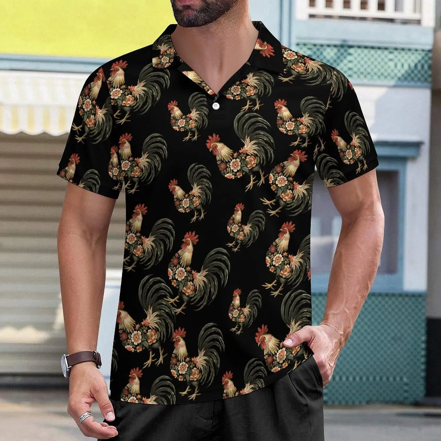 Floral Rooster Mens Polo Shirts Short Sleeve Mesh Gym T-Shirt Summer Tee Top