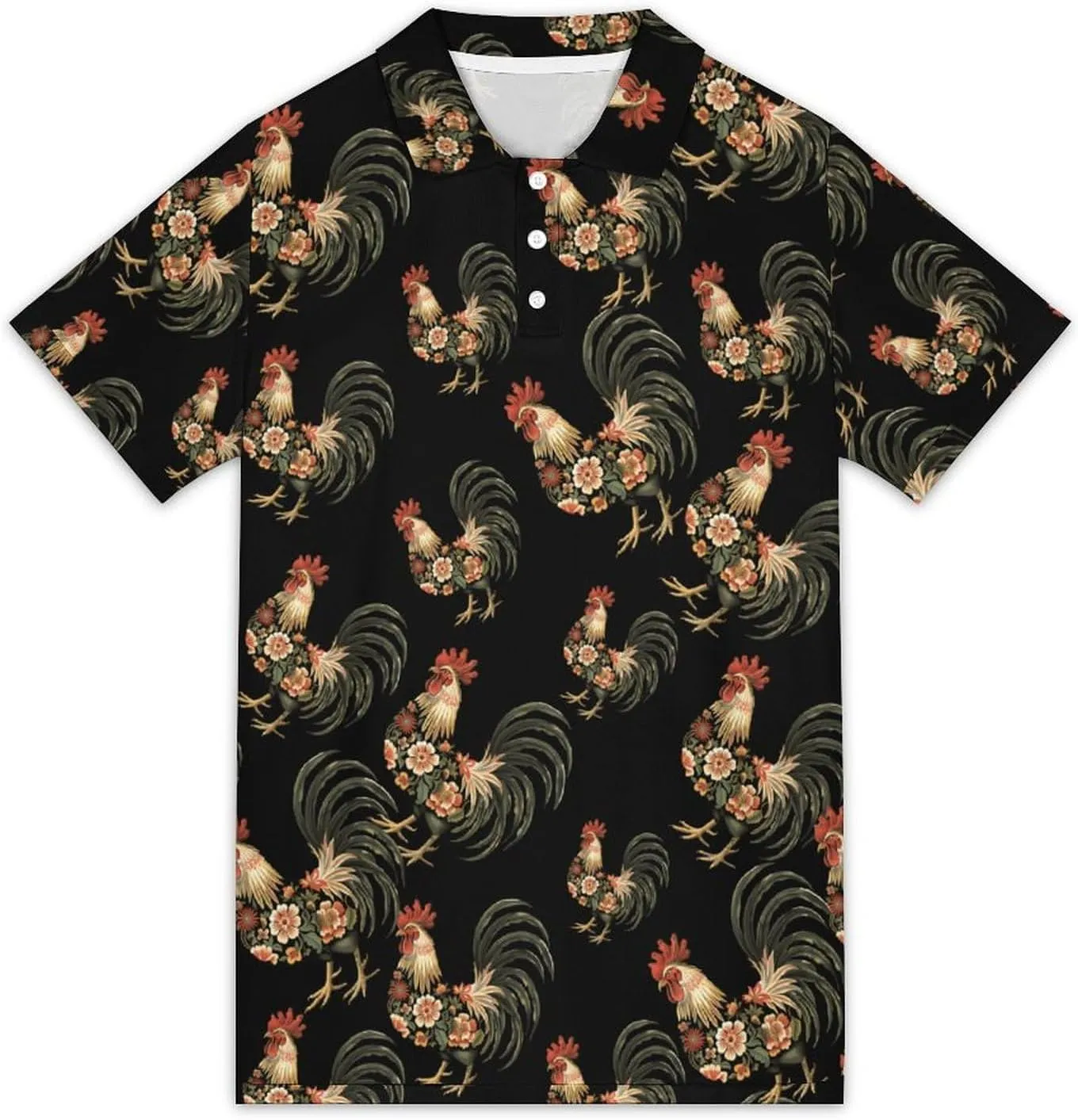 Floral Rooster Mens Polo Shirts Short Sleeve Mesh Gym T-Shirt Summer Tee Top