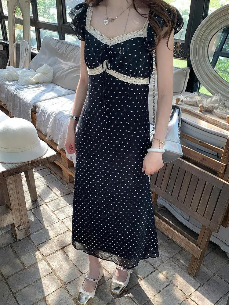 Girlary-shop birthday outfit 2024 New Summer Retro Waist A- line Skirt French Elegant Lace Polka Dot Stitching Dress Women's Long Skirt