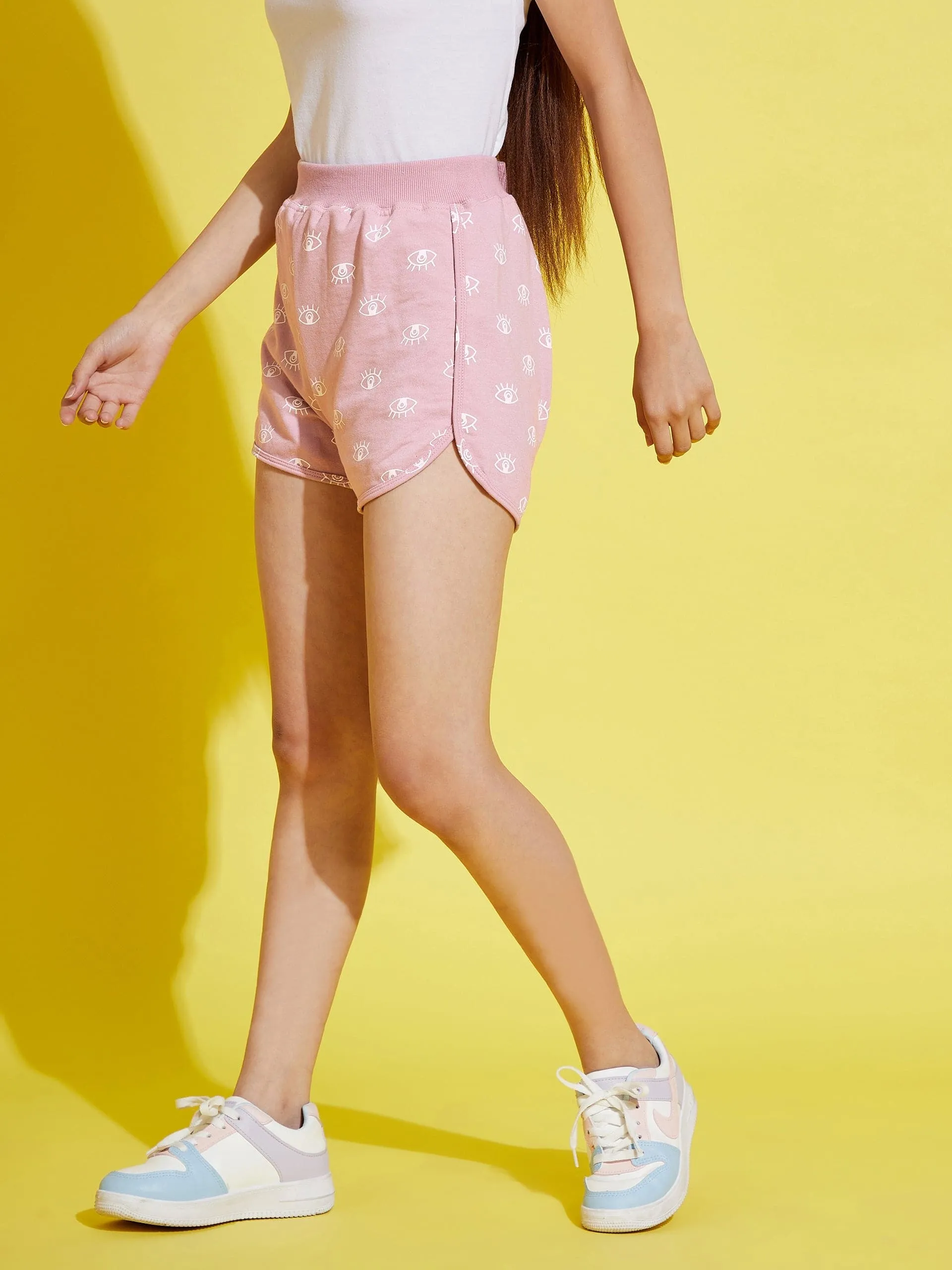 Girls Mauve Eye Print Terry Shorts - Lyush Kids