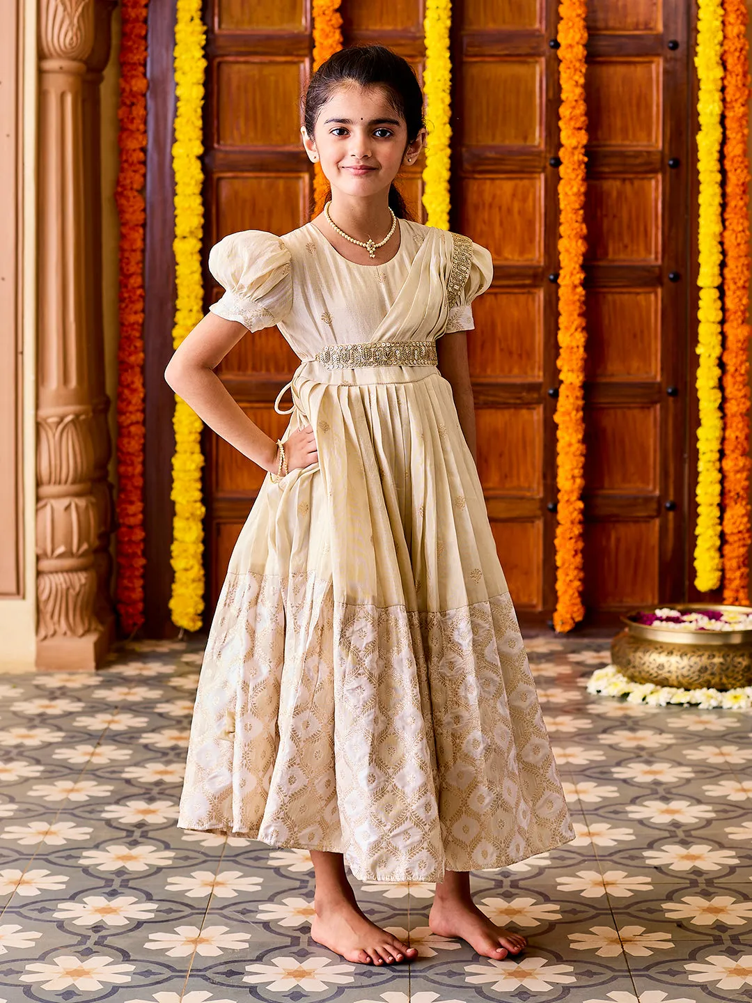 Jashvi Girls' Gold Lehenga Set