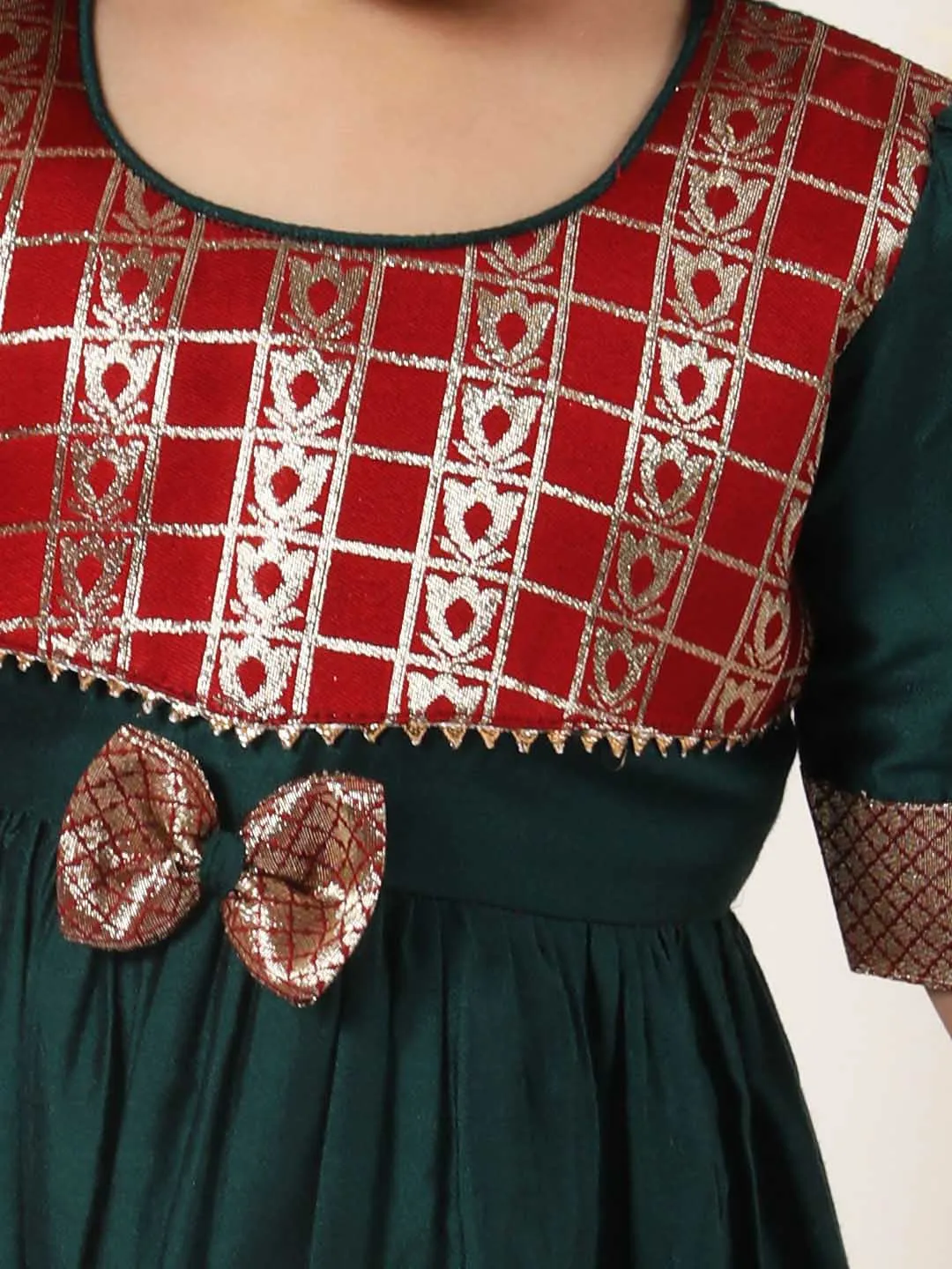 Jashvi Girl's Maroon And Green Banarsi Frock