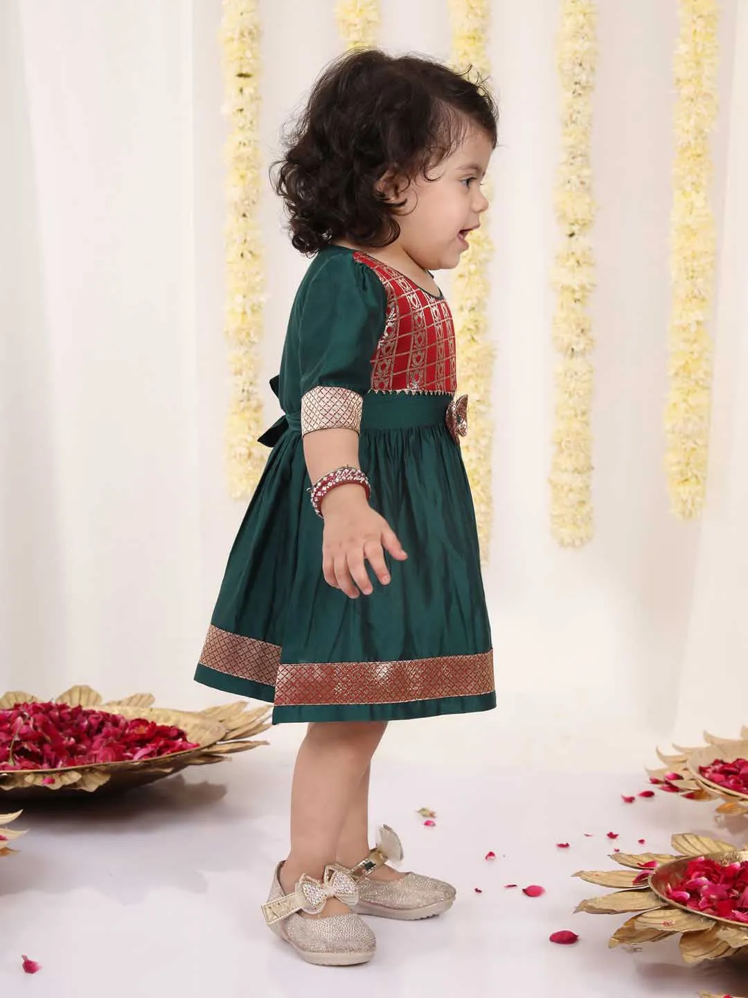 Jashvi Girl's Maroon And Green Banarsi Frock
