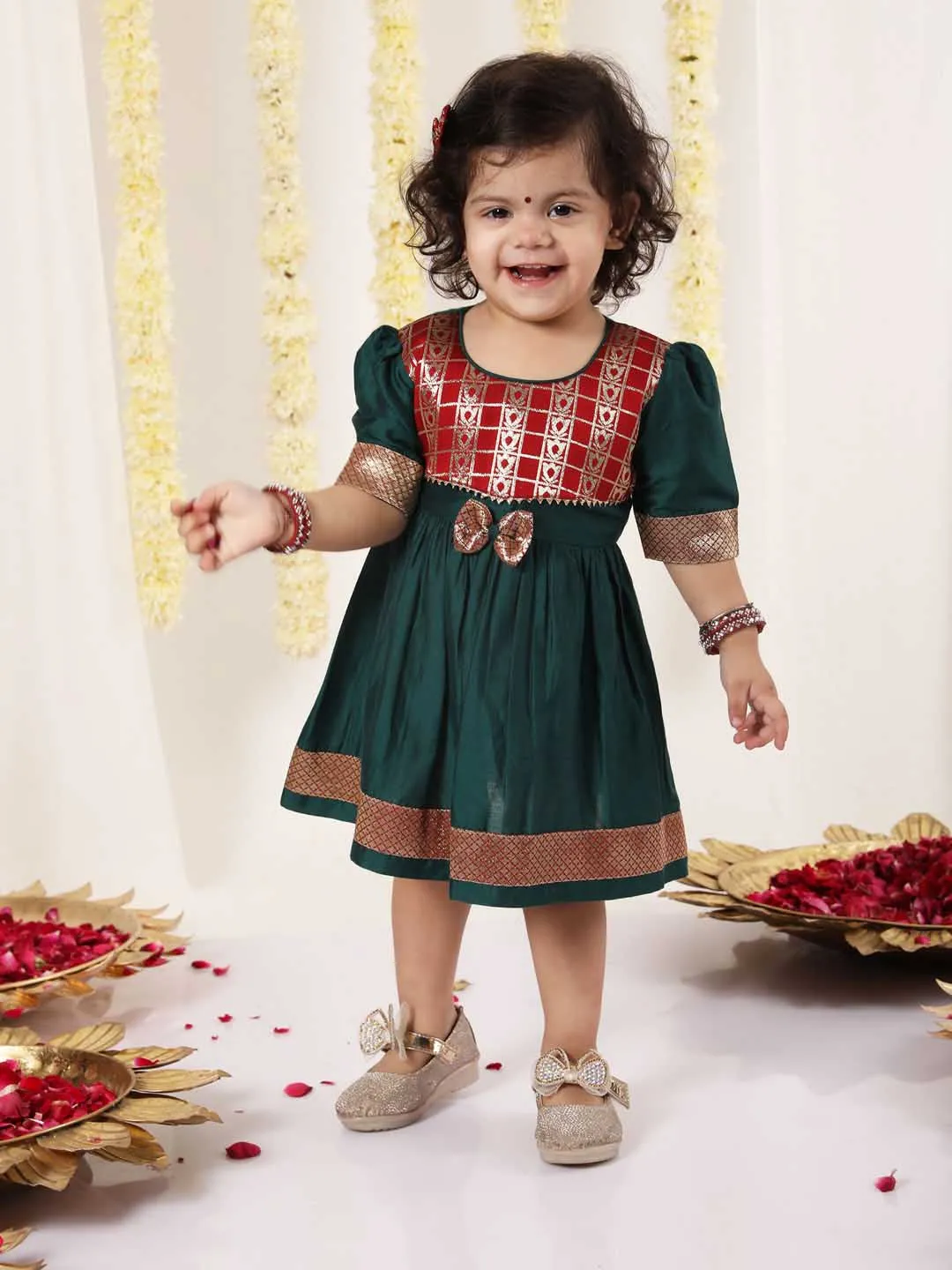 Jashvi Girl's Maroon And Green Banarsi Frock