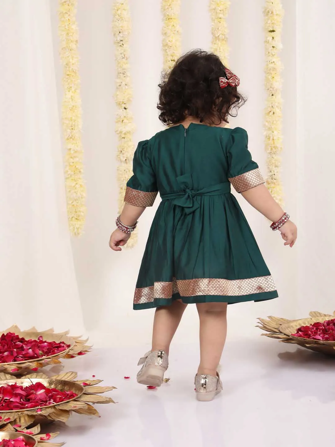 Jashvi Girl's Maroon And Green Banarsi Frock
