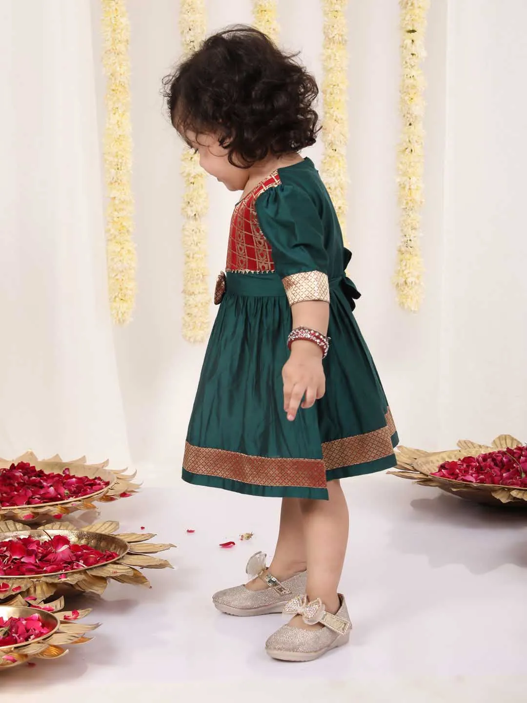 Jashvi Girl's Maroon And Green Banarsi Frock