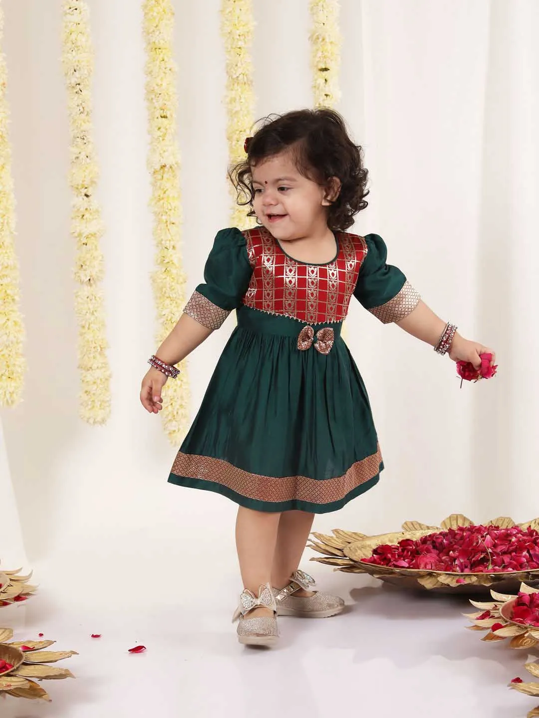 Jashvi Girl's Maroon And Green Banarsi Frock