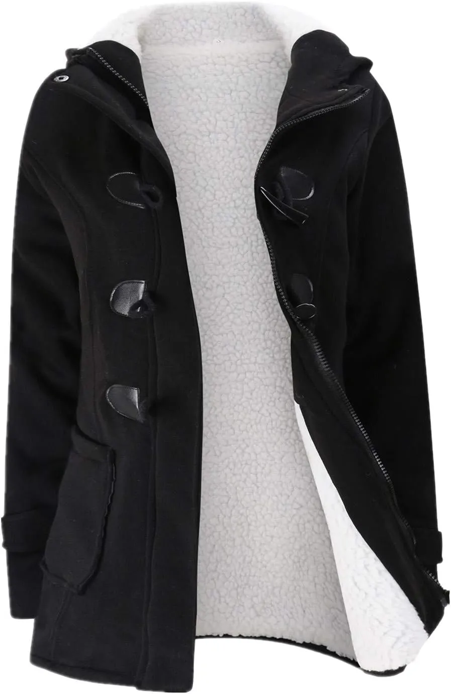 JiangWu Womens Fashion Horn Button Fleece Thicken Coat with Hood Winter Warm Jacket
