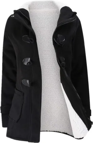 JiangWu Womens Fashion Horn Button Fleece Thicken Coat with Hood Winter Warm Jacket