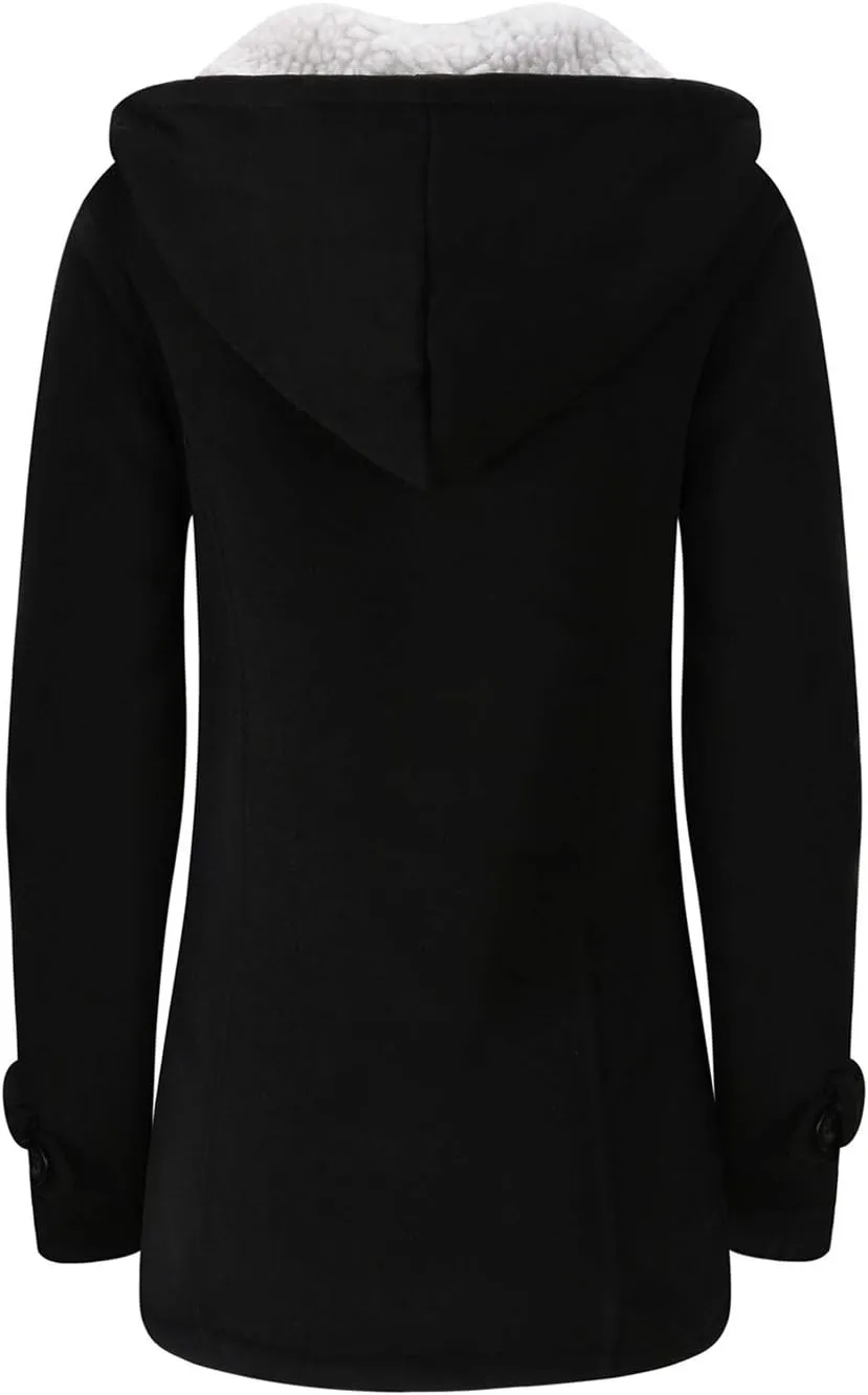 JiangWu Womens Fashion Horn Button Fleece Thicken Coat with Hood Winter Warm Jacket