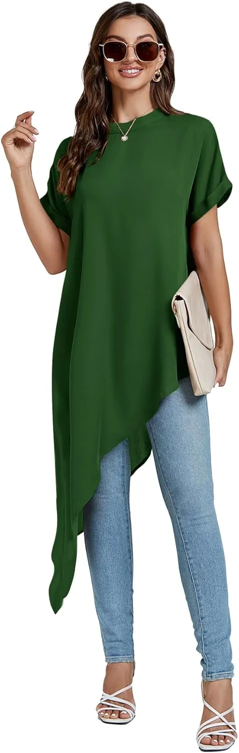 LYANER Women's Casual Mock Neck Short Sleeve Irregular Hem Loose Blouse Long Shirt Top