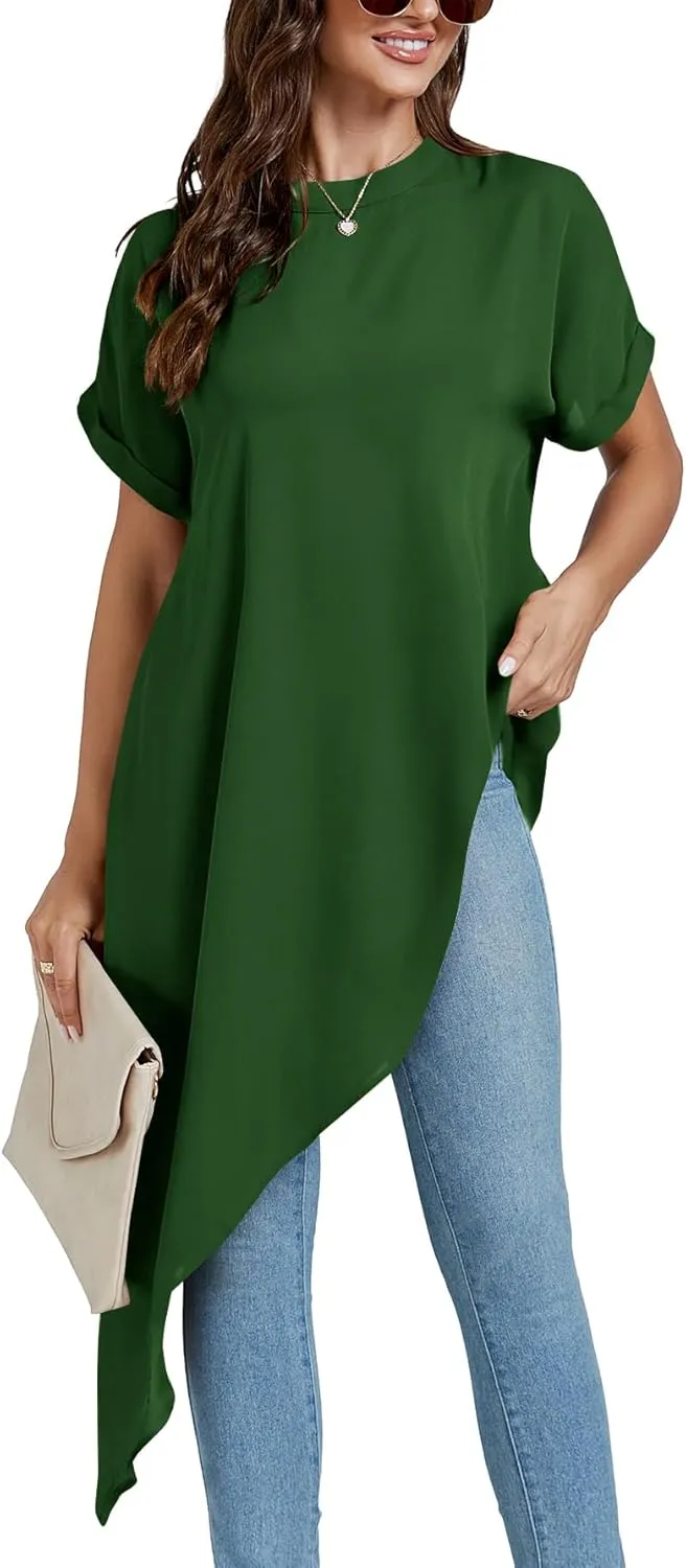LYANER Women's Casual Mock Neck Short Sleeve Irregular Hem Loose Blouse Long Shirt Top