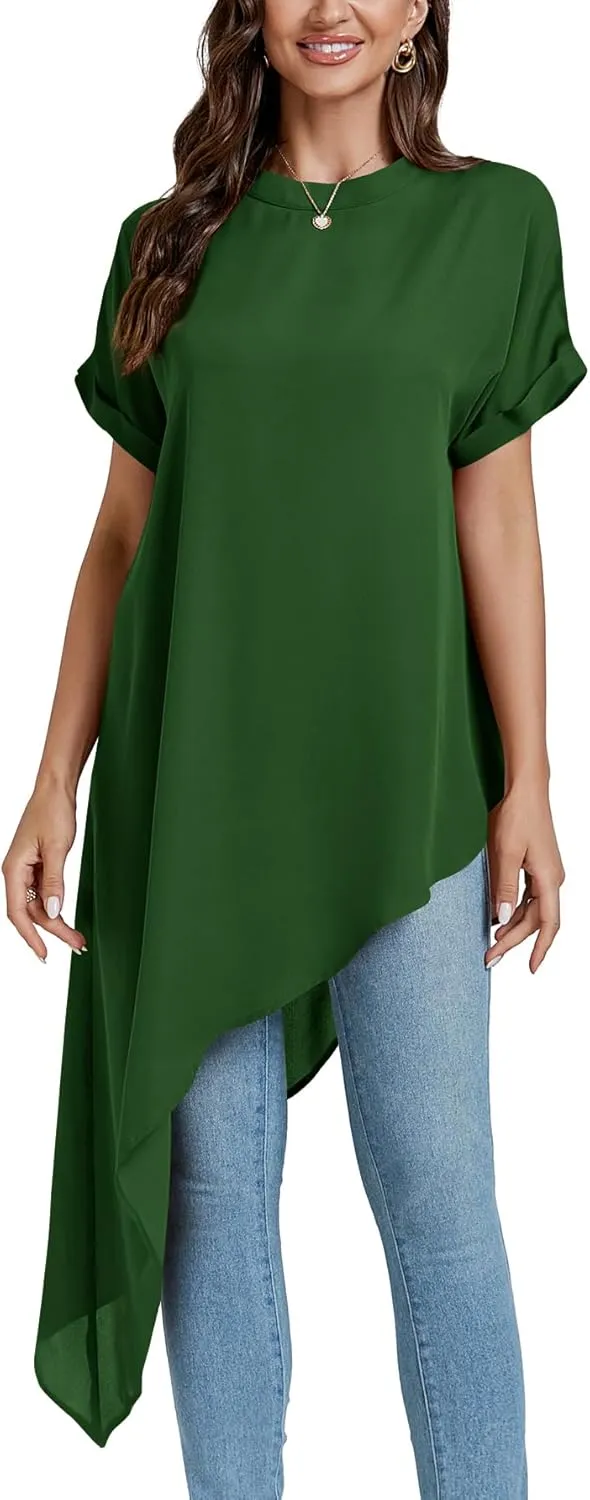 LYANER Women's Casual Mock Neck Short Sleeve Irregular Hem Loose Blouse Long Shirt Top
