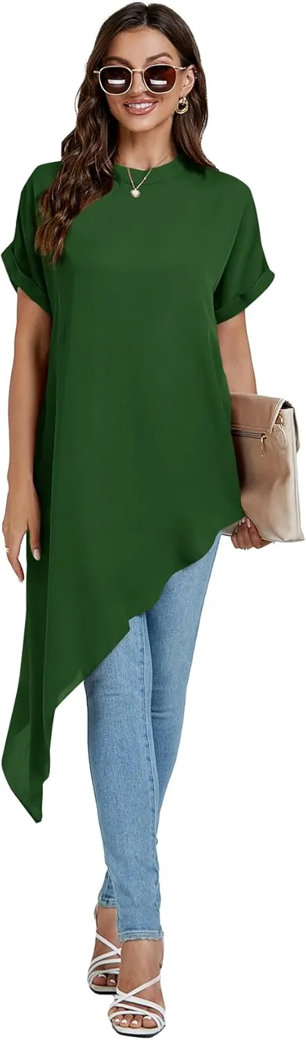 LYANER Women's Casual Mock Neck Short Sleeve Irregular Hem Loose Blouse Long Shirt Top