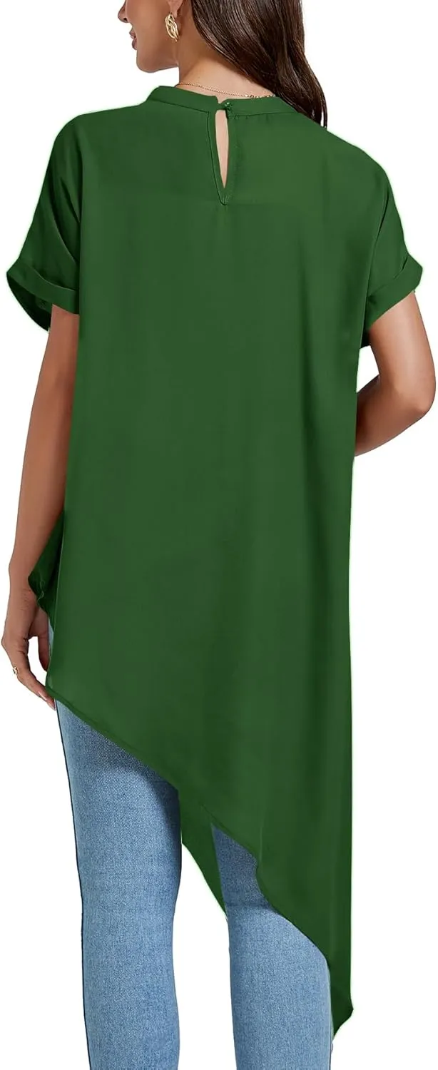 LYANER Women's Casual Mock Neck Short Sleeve Irregular Hem Loose Blouse Long Shirt Top