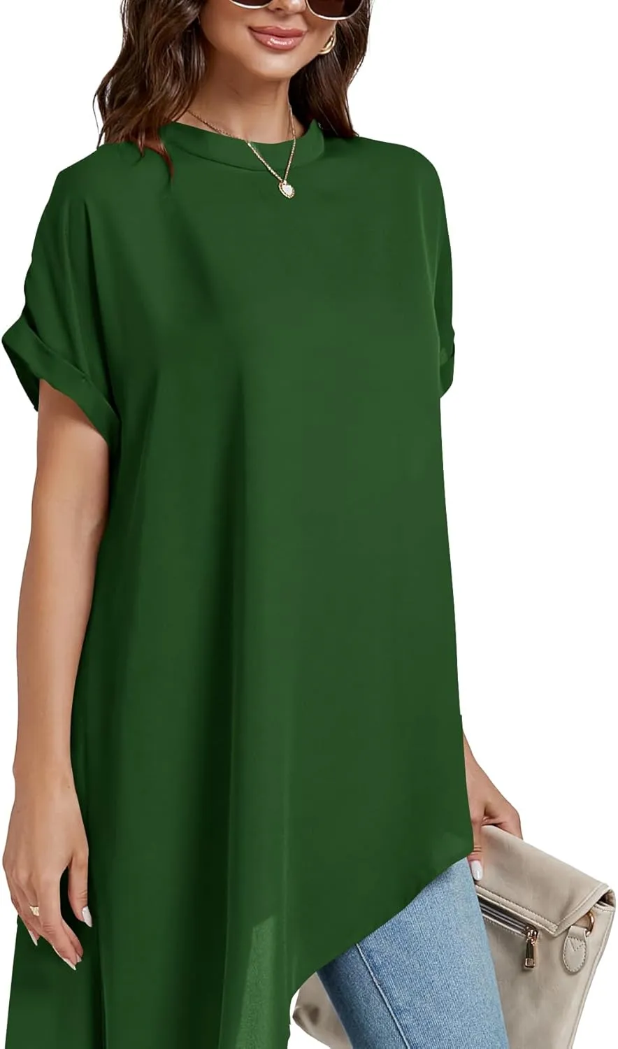 LYANER Women's Casual Mock Neck Short Sleeve Irregular Hem Loose Blouse Long Shirt Top