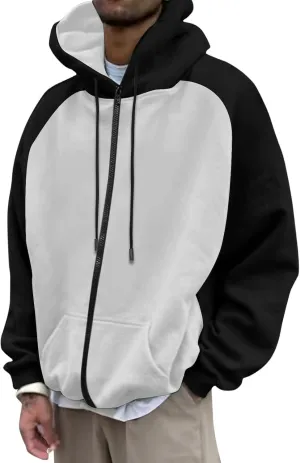 Mens Zipper Hoodies Casual Long Sleeve Sweatshirts Color Block Drawstring Fashion Oversized Cardigan with Pockets