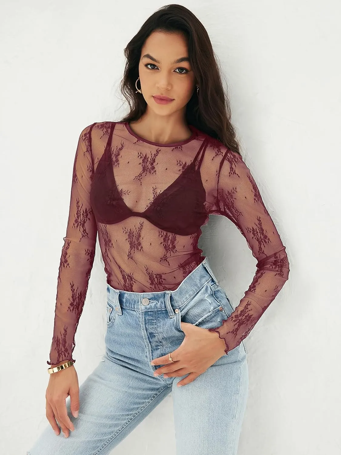MEROKEETY Womens 2025 Spring Lace Sheer Mesh Top Crewneck Sexy Y2k See Through Going Out Long Sleeve Blouse Shirts