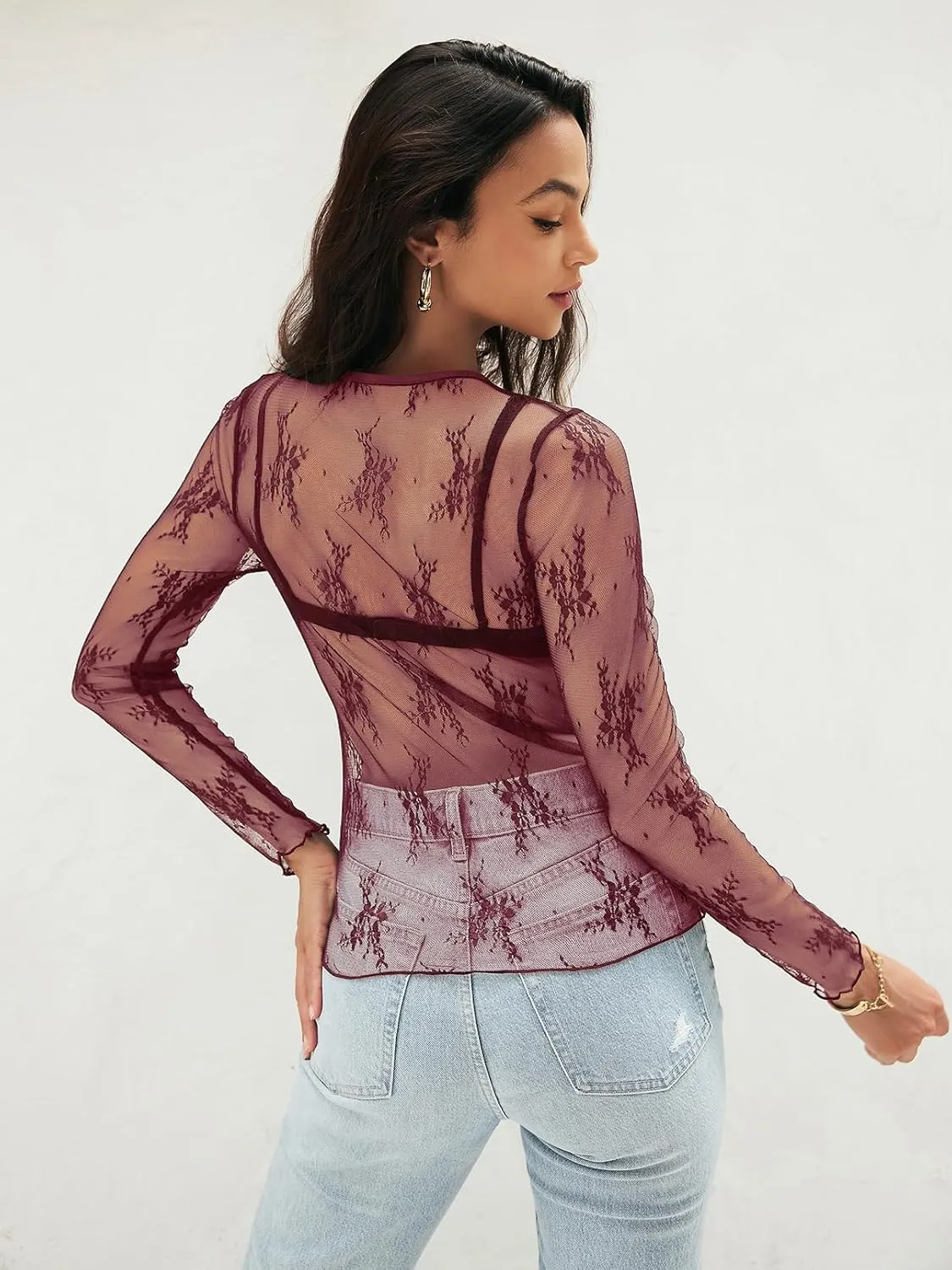 MEROKEETY Womens 2025 Spring Lace Sheer Mesh Top Crewneck Sexy Y2k See Through Going Out Long Sleeve Blouse Shirts
