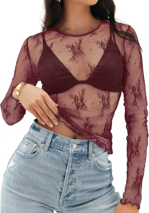 MEROKEETY Womens 2025 Spring Lace Sheer Mesh Top Crewneck Sexy Y2k See Through Going Out Long Sleeve Blouse Shirts