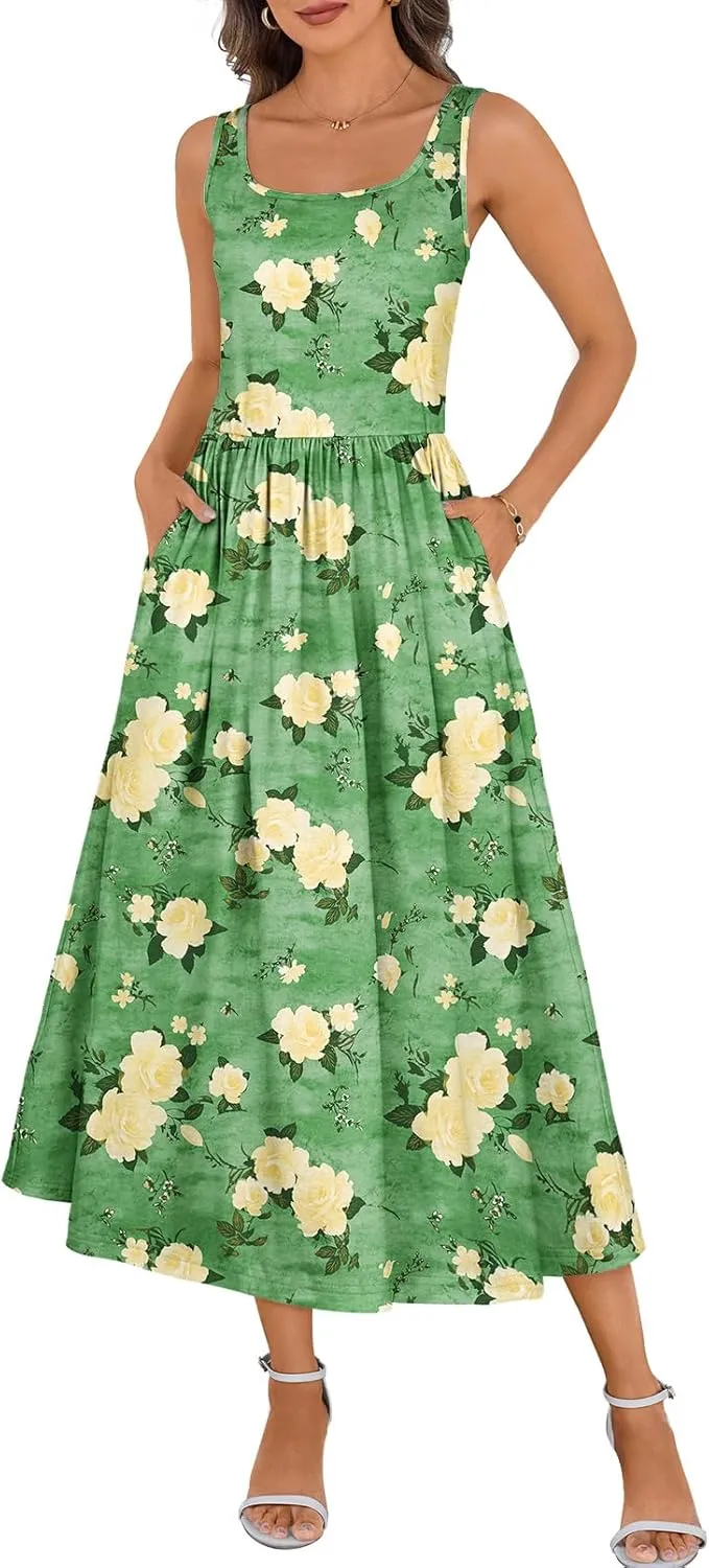 MEROKEETY Women's 2025 Summer Spring Casual Floral Sundress Sleeveless Beach Vacation Flowy Boho Tank Midi Dresses