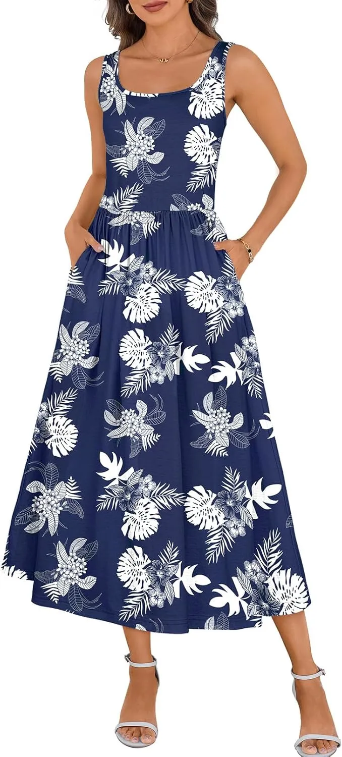 MEROKEETY Women's 2025 Summer Spring Casual Floral Sundress Sleeveless Beach Vacation Flowy Boho Tank Midi Dresses