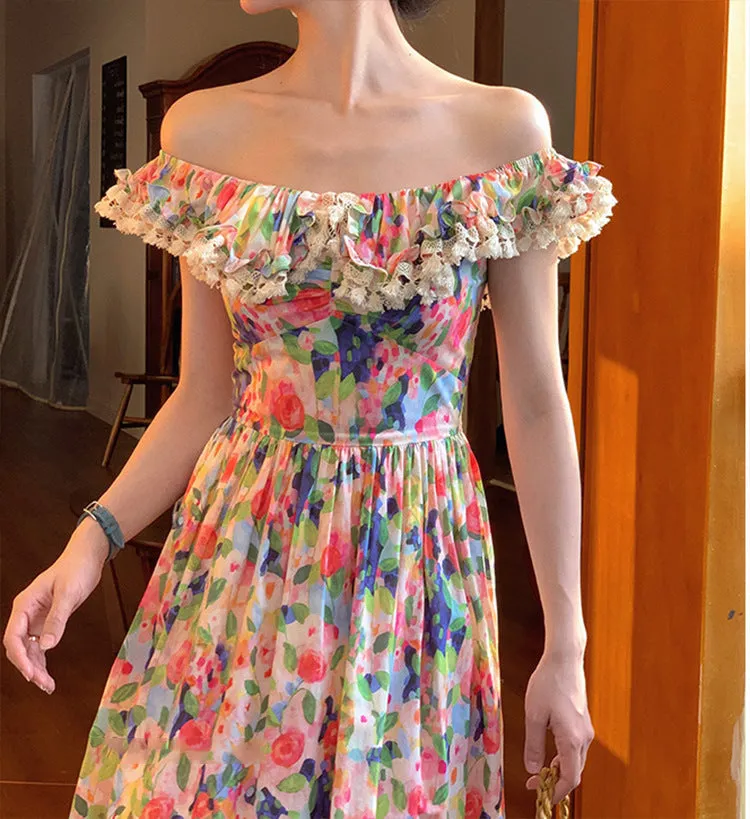 One shoulder tea break skirt off-the-shoulder oil painting print dress women's spring