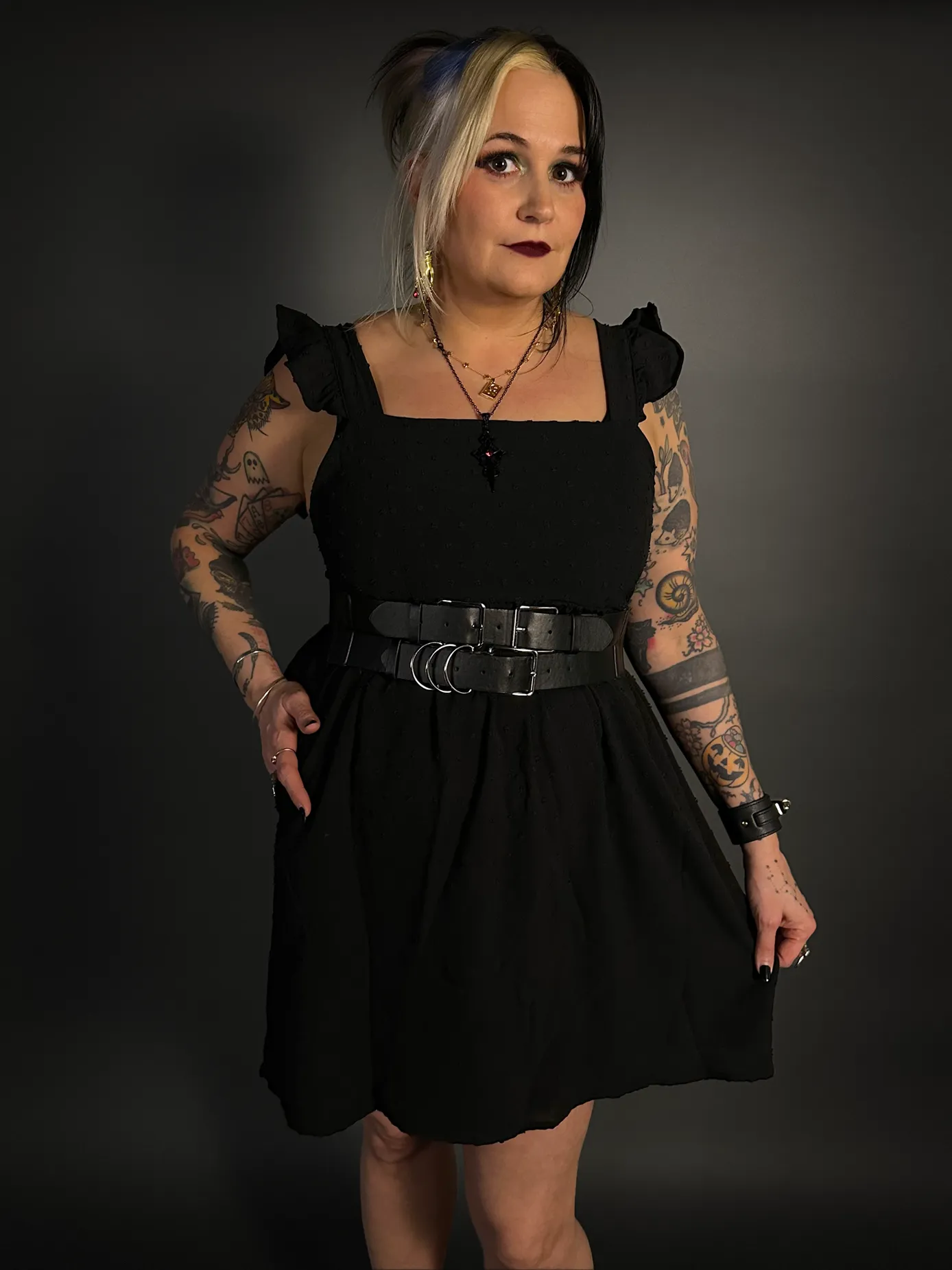 Outfit Set - Ruffled Wing Sleeves Swiss Dot Dress with Pockets & Double Strap Corset Belt