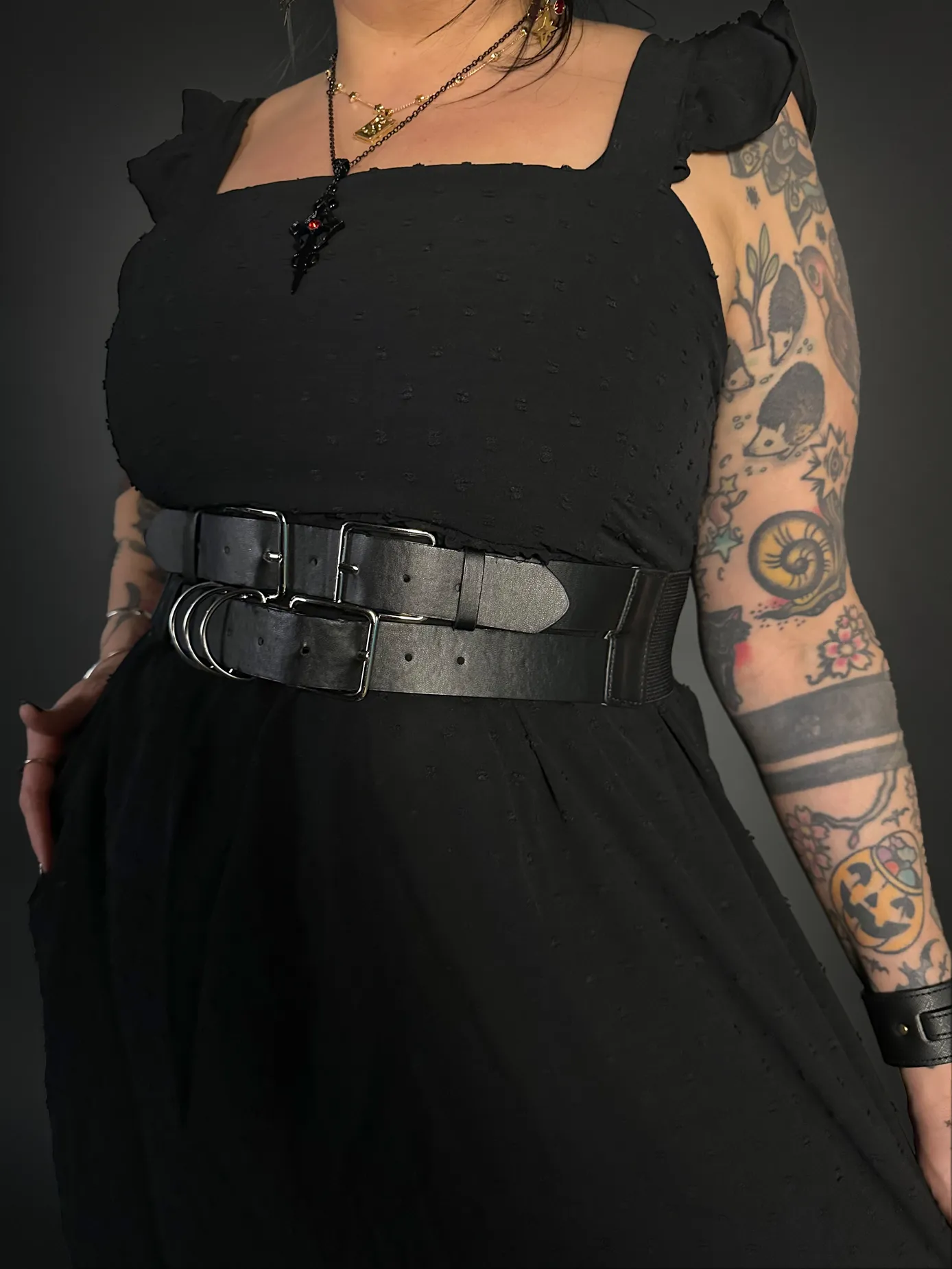 Outfit Set - Ruffled Wing Sleeves Swiss Dot Dress with Pockets & Double Strap Corset Belt
