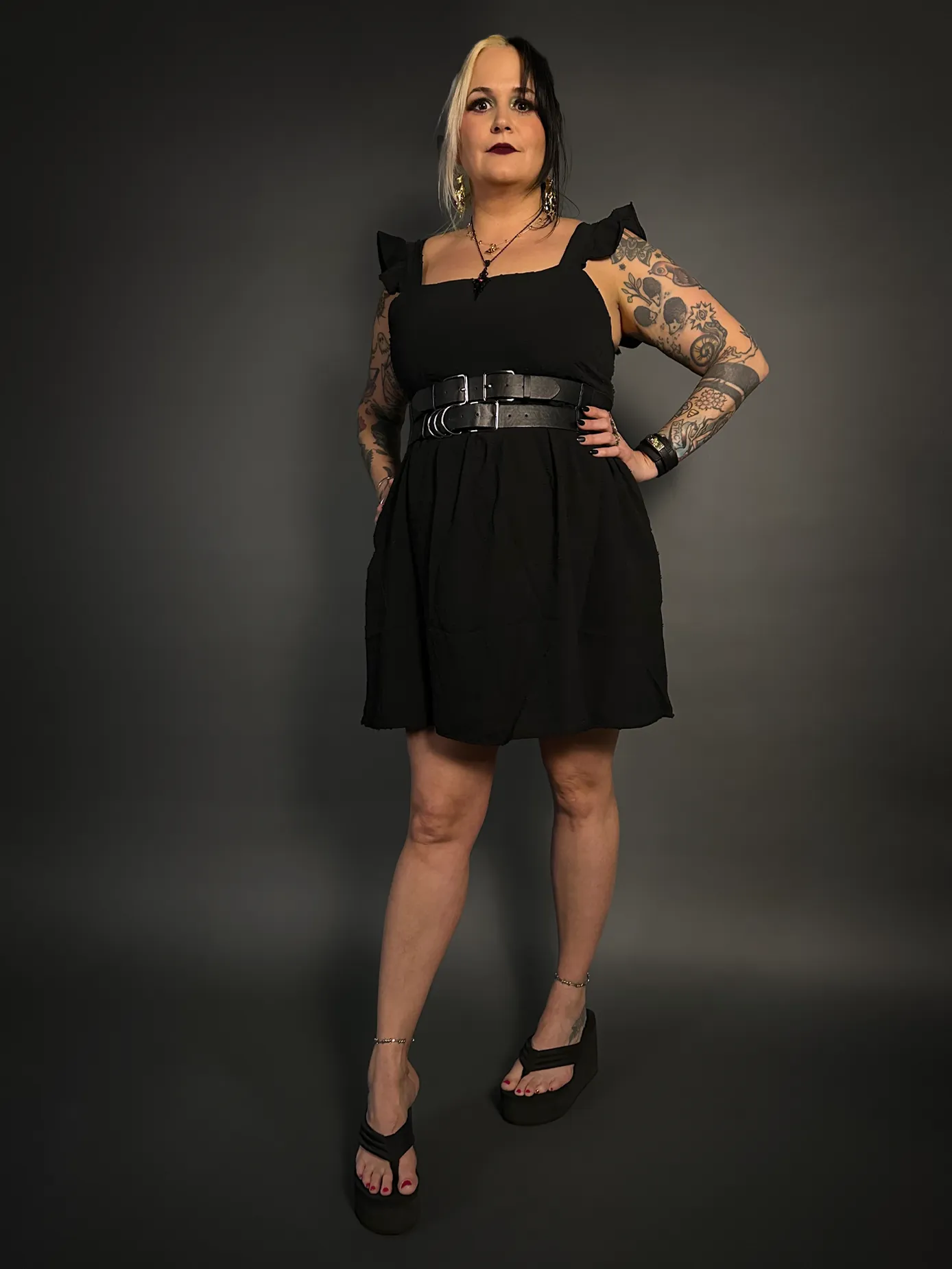 Outfit Set - Ruffled Wing Sleeves Swiss Dot Dress with Pockets & Double Strap Corset Belt