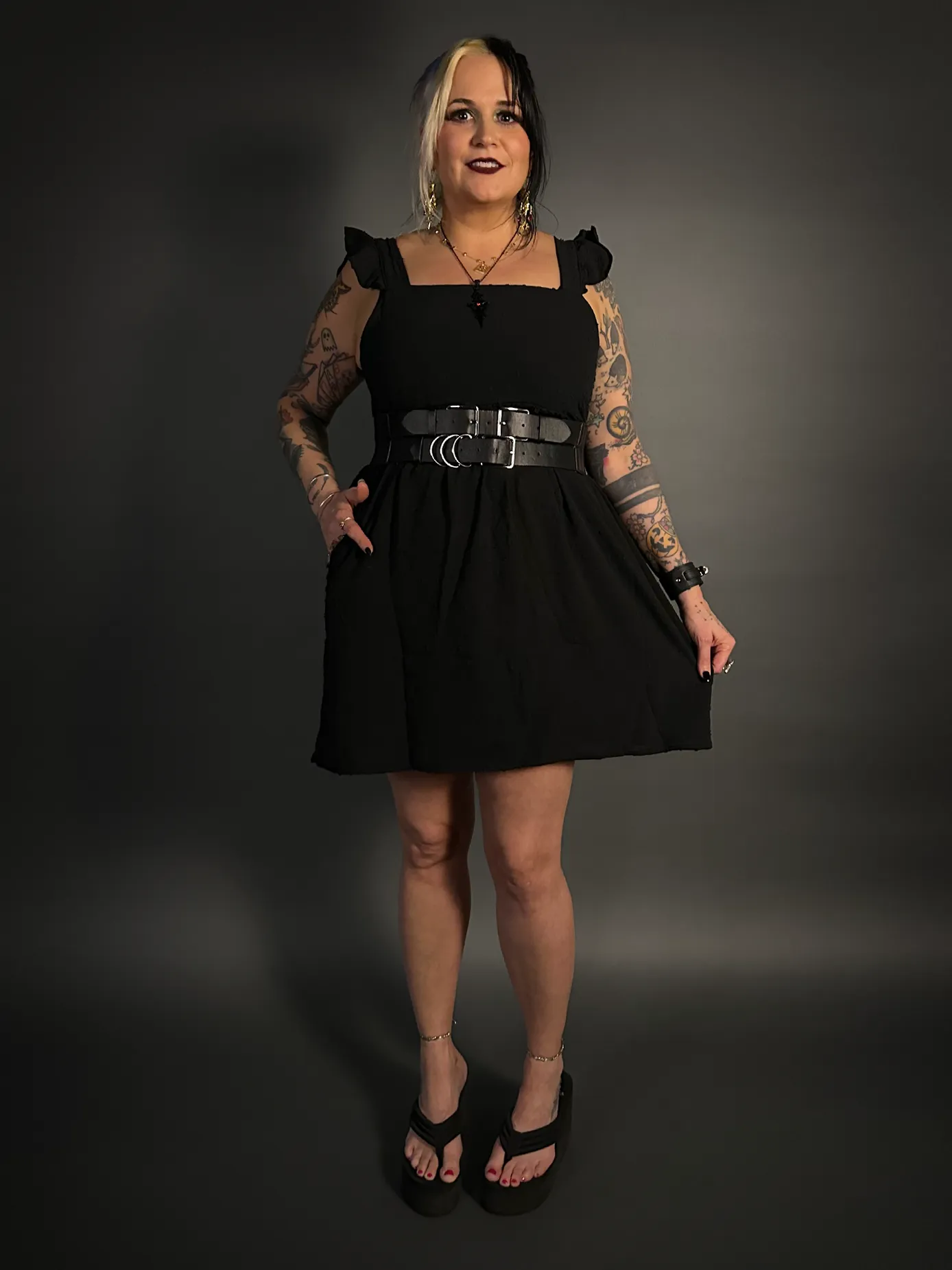 Outfit Set - Ruffled Wing Sleeves Swiss Dot Dress with Pockets & Double Strap Corset Belt