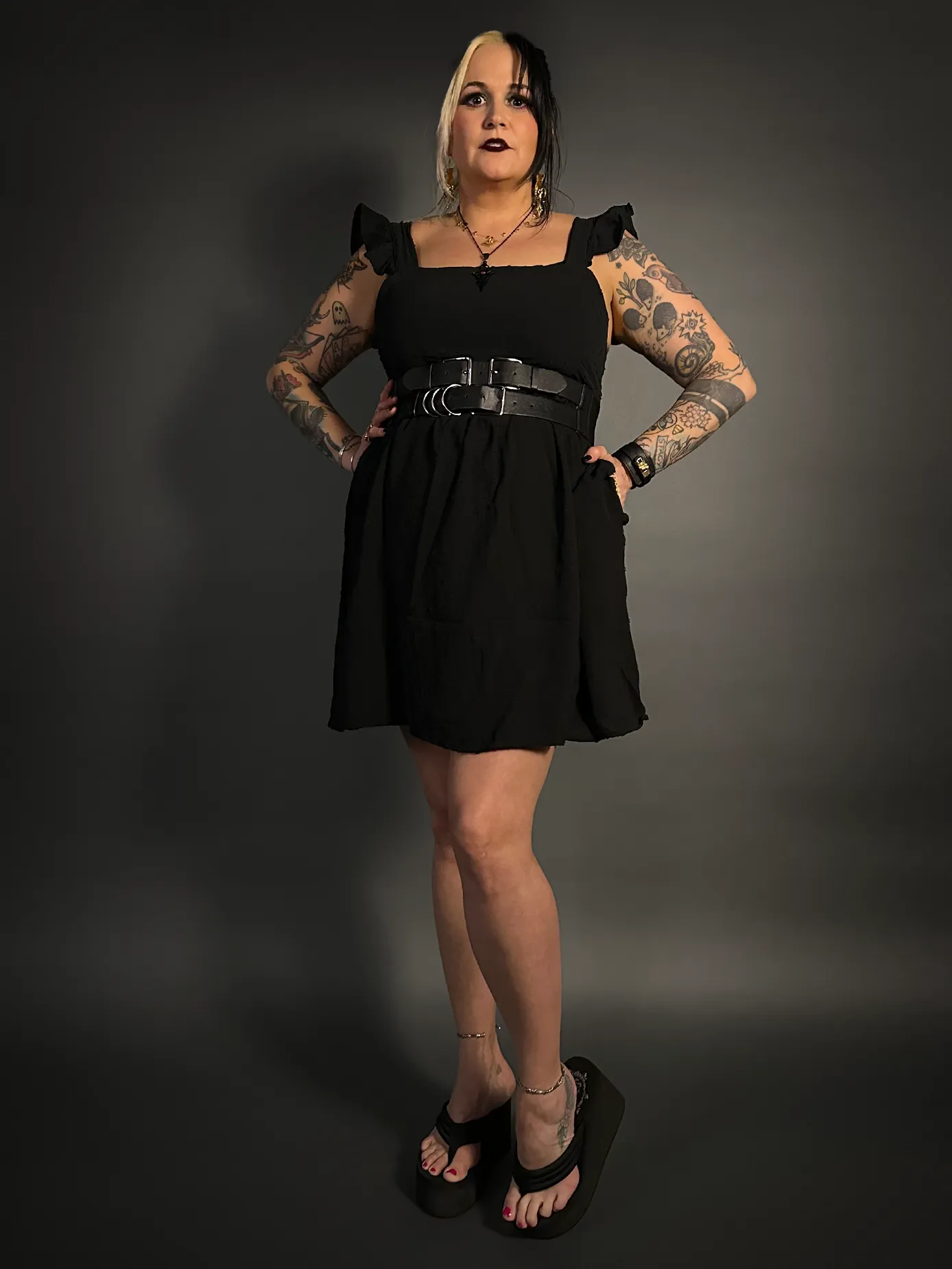 Outfit Set - Ruffled Wing Sleeves Swiss Dot Dress with Pockets & Double Strap Corset Belt