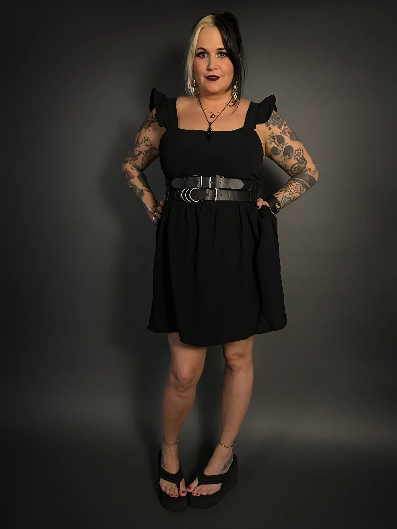Outfit Set - Ruffled Wing Sleeves Swiss Dot Dress with Pockets & Double Strap Corset Belt