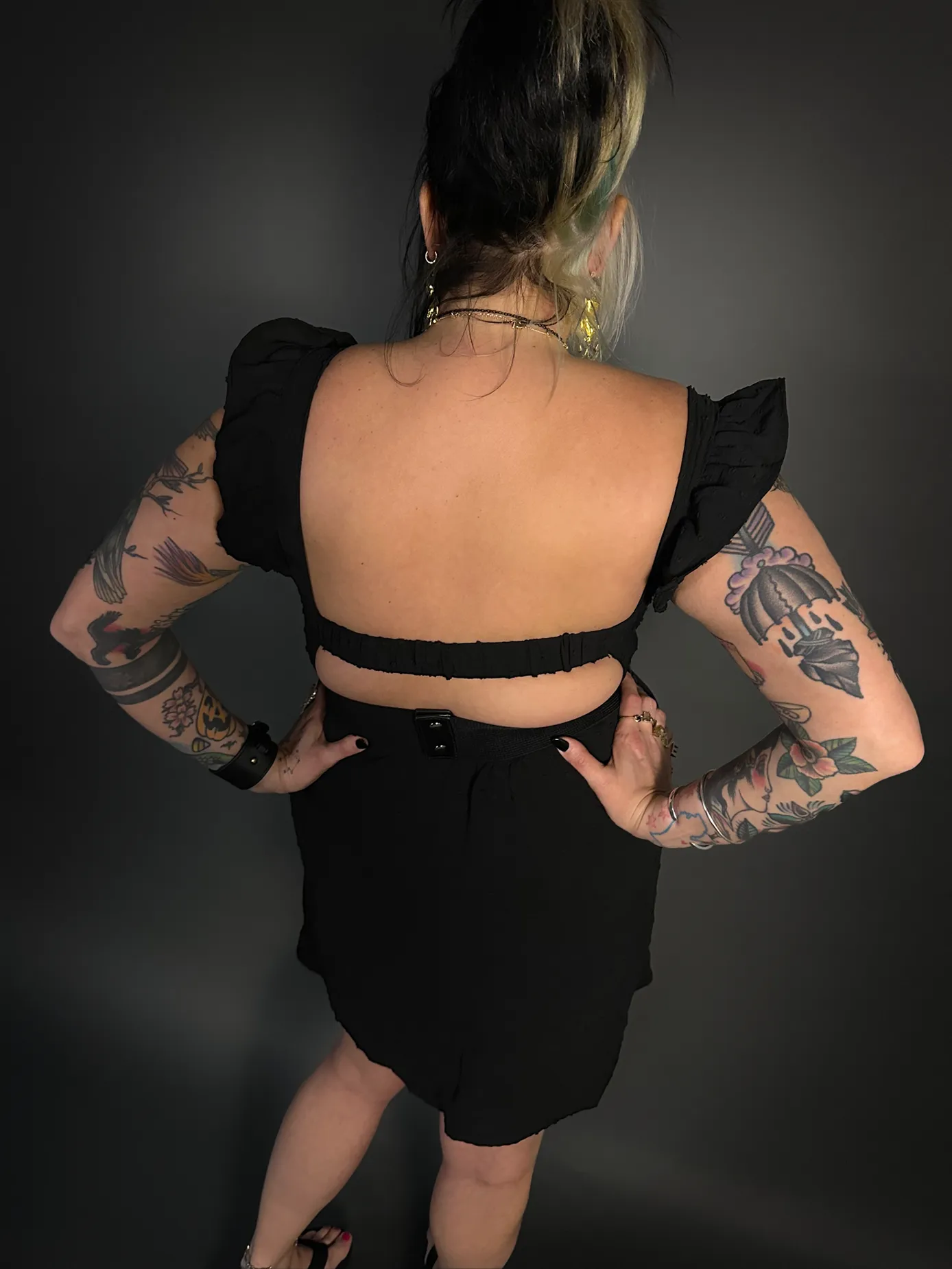Outfit Set - Ruffled Wing Sleeves Swiss Dot Dress with Pockets & Double Strap Corset Belt