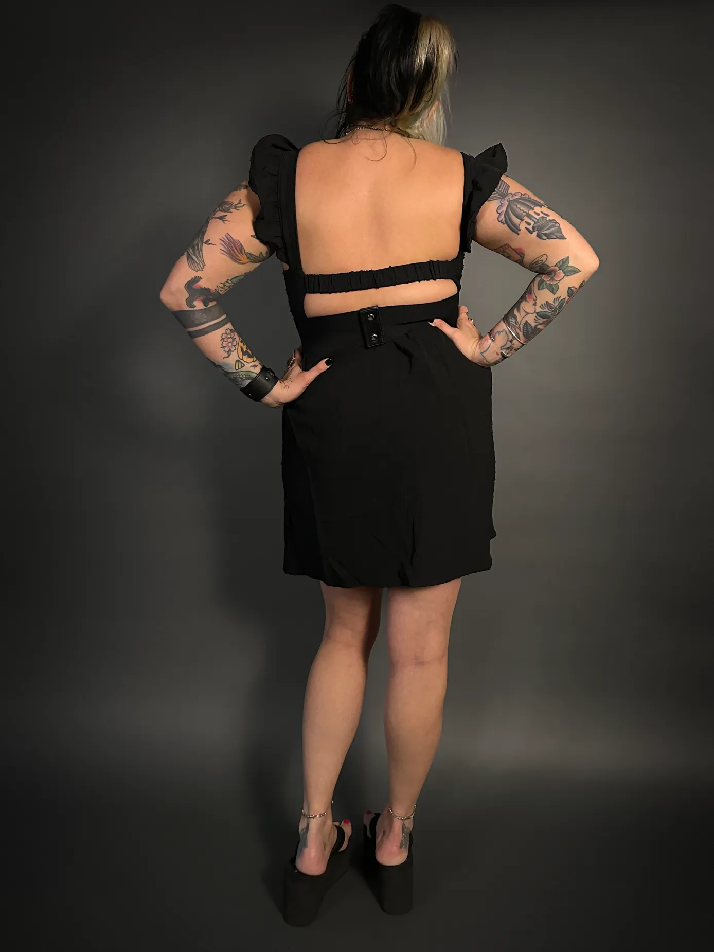 Outfit Set - Ruffled Wing Sleeves Swiss Dot Dress with Pockets & Double Strap Corset Belt