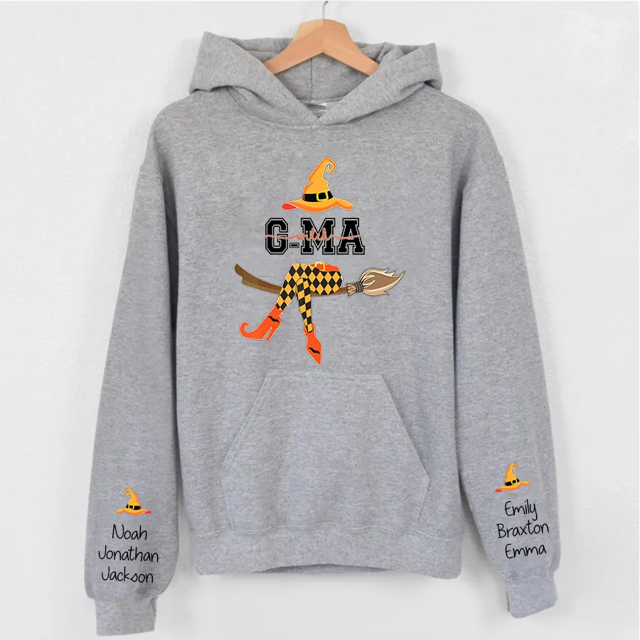 Personalized Grandma Witch Shirt, Custom Grandma Shirt with Grandkids Names, Fall Halloween Hoodie 2