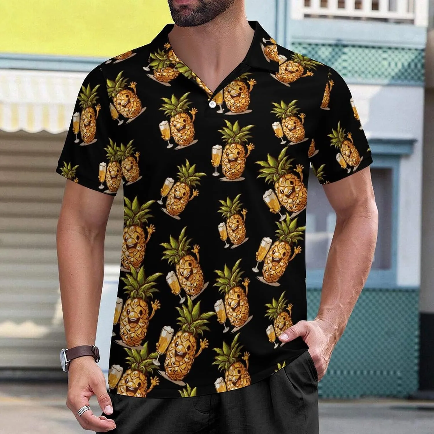 Pineapple Drink Beer Mens Polo Shirts Short Sleeve Mesh Gym T-Shirt Summer Tee Top