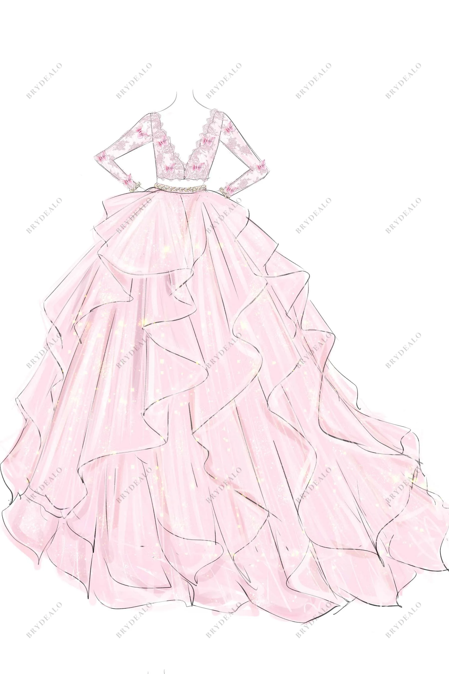 Pink Lace Ruffled Ball Gown Two-piece Bridal Dress Sketch