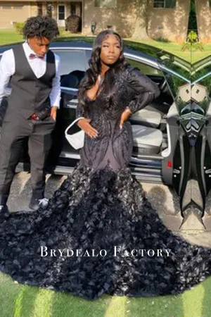Plus Size Black Long Sleeve Sequin 3D Roses Trumpet Prom Dress
