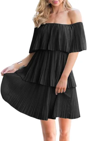 SAUKOLE Women's Casual Off The Shoulder Sleeveless Tiered Ruffle Pleated Short Party Beach Dress