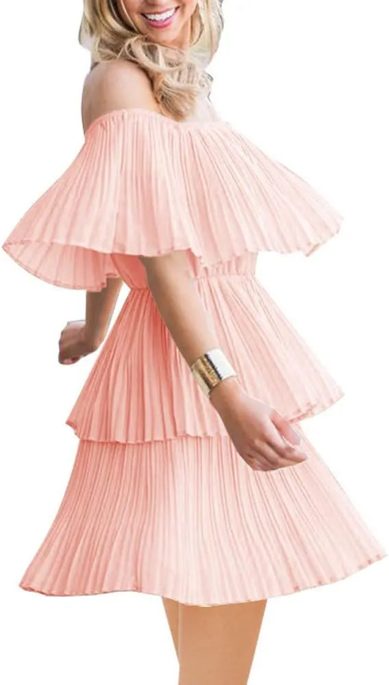 SAUKOLE Women's Casual Off The Shoulder Sleeveless Tiered Ruffle Pleated Short Party Beach Dress