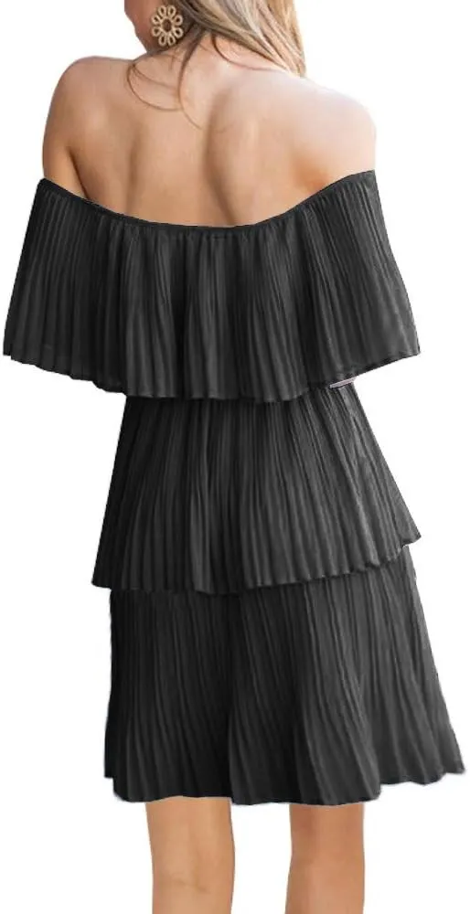 SAUKOLE Women's Casual Off The Shoulder Sleeveless Tiered Ruffle Pleated Short Party Beach Dress
