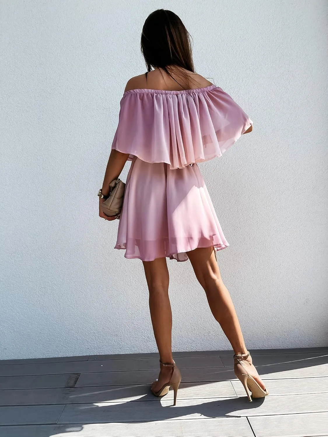 SAUKOLE Women's Casual Off The Shoulder Sleeveless Tiered Ruffle Pleated Short Party Beach Dress