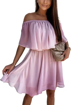 SAUKOLE Women's Casual Off The Shoulder Sleeveless Tiered Ruffle Pleated Short Party Beach Dress